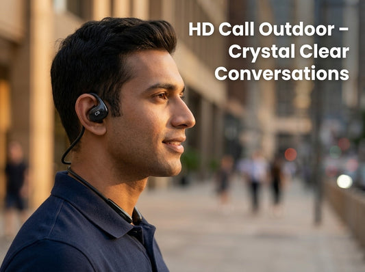 Person using CTRL8 VV4 Air Bone Conduction Neckband for outdoor HD calls and crystal-clear conversations