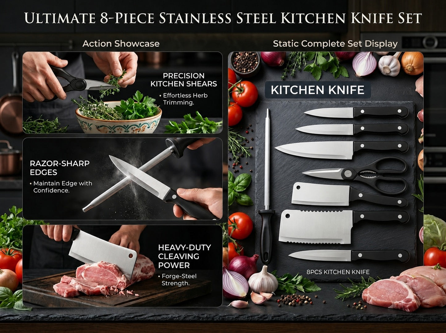 8 Pcs Stainless Steel Knife Sets for Kitchen