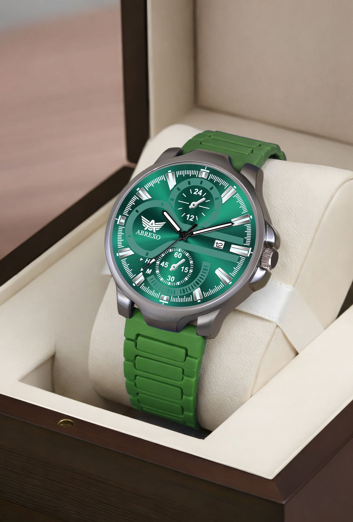 ABREXO Gun Metal Style Green Dial Date Working Green Silicone Strap Watch For Boys Analog Watch  - For Men Abx4040
