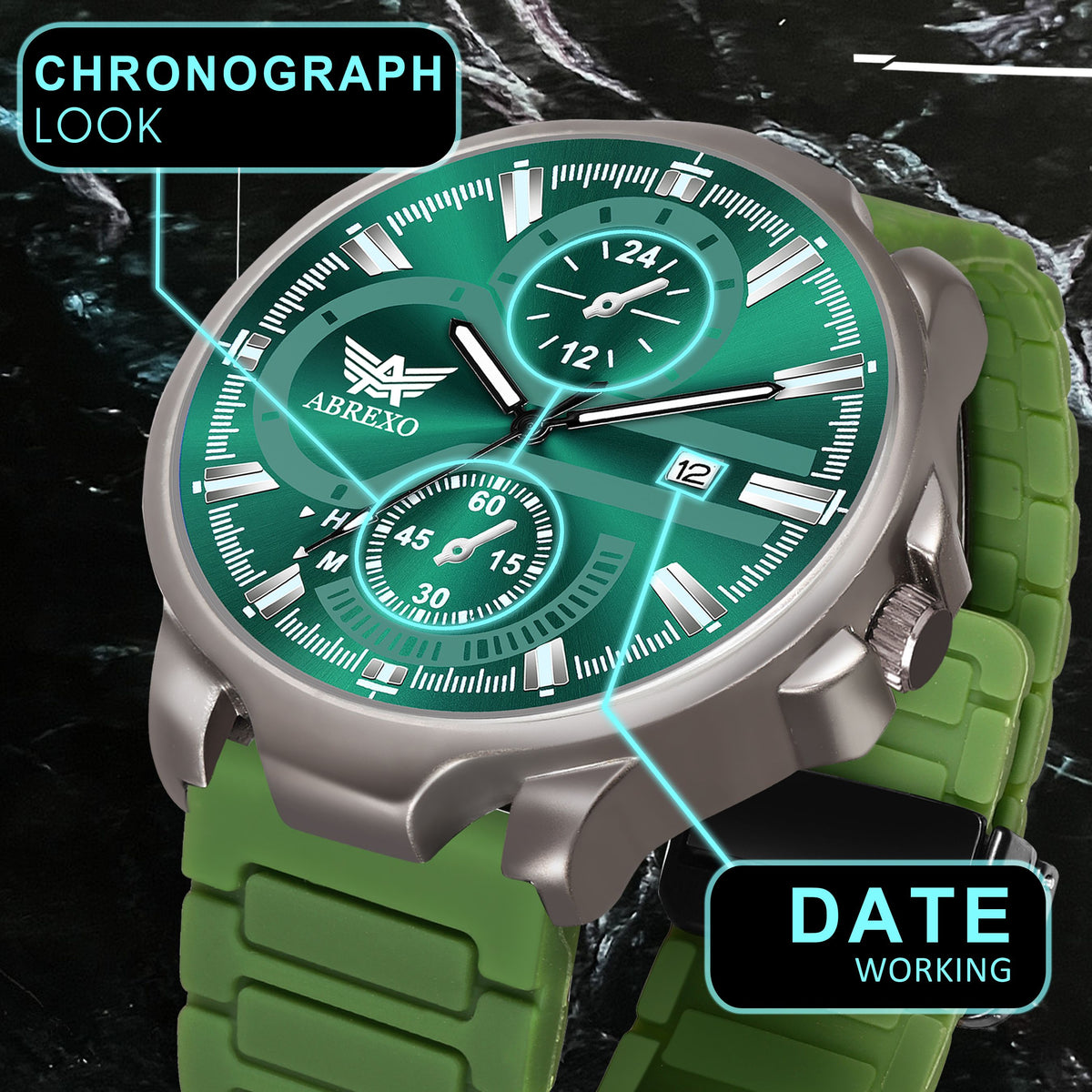 ABREXO Gun Metal Style Green Dial Date Working Green Silicone Strap Watch For Boys Analog Watch  - For Men Abx4040