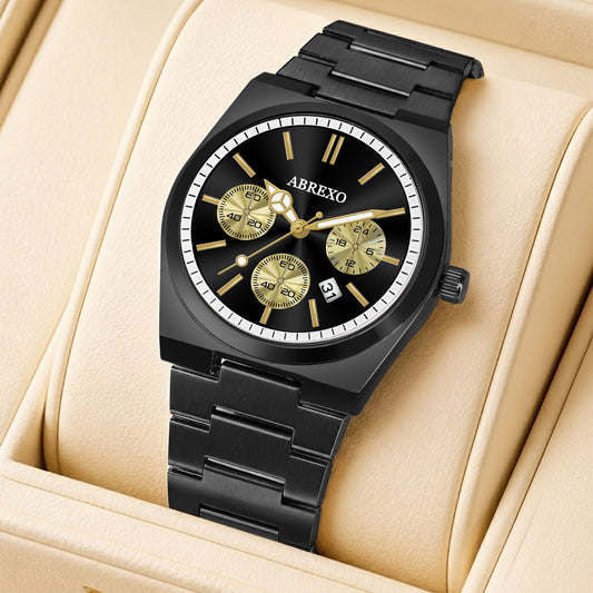 ABREXO CEO Series I Black Dial Date Working I IP Long Life Plated Black Chain Quartz Analog Watch  - For Men Abx2500
