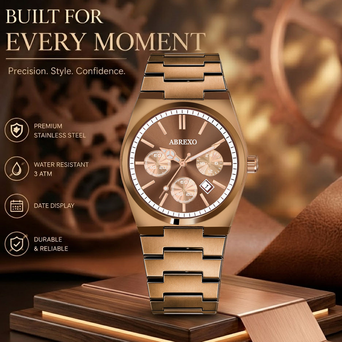 ABREXO CEO Series I Brown Dial Date Working I IP Long Life Plated Brown Chain Quartz Analog Watch - For Men Abx2501