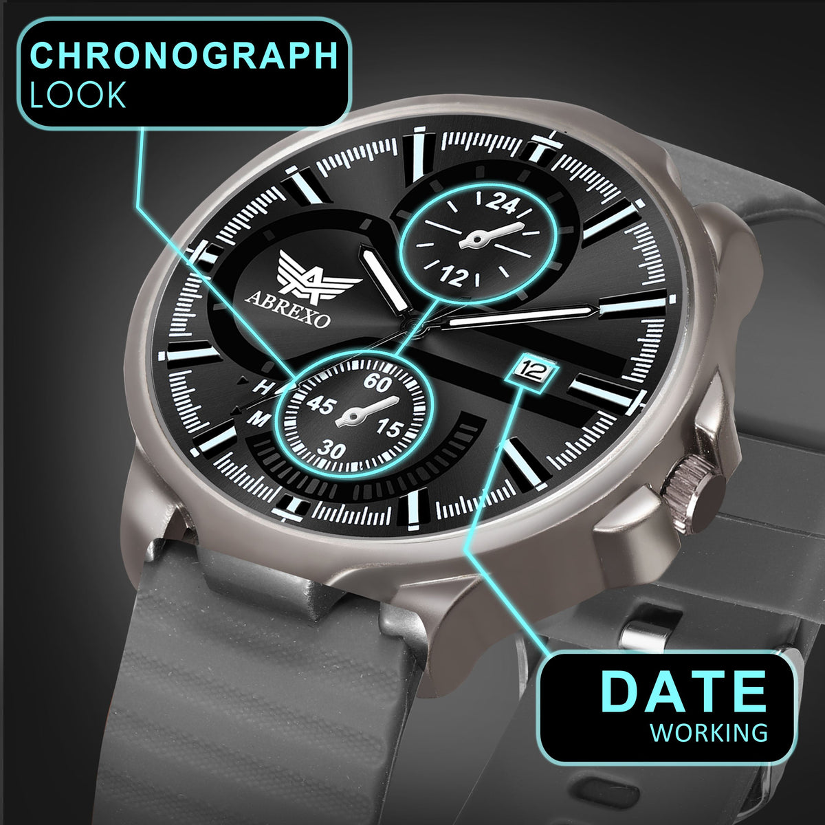ABREXO Gun Metal Style Black Dial Grey Silicone Strap Watch (Abx4049 BK GR)