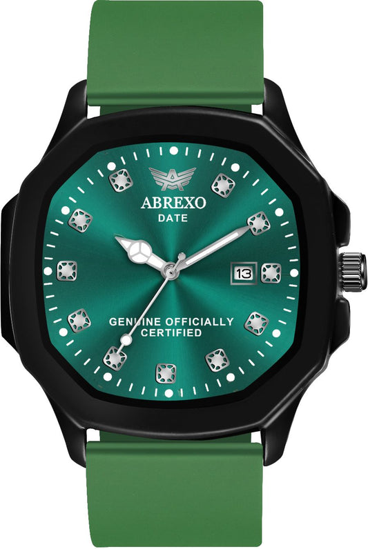 ABREXO Captain Series Date Working Square Green Dial Quartz Mechanism Watch Analog Watch  - For Men Abx5010-All Green Silicone Strap