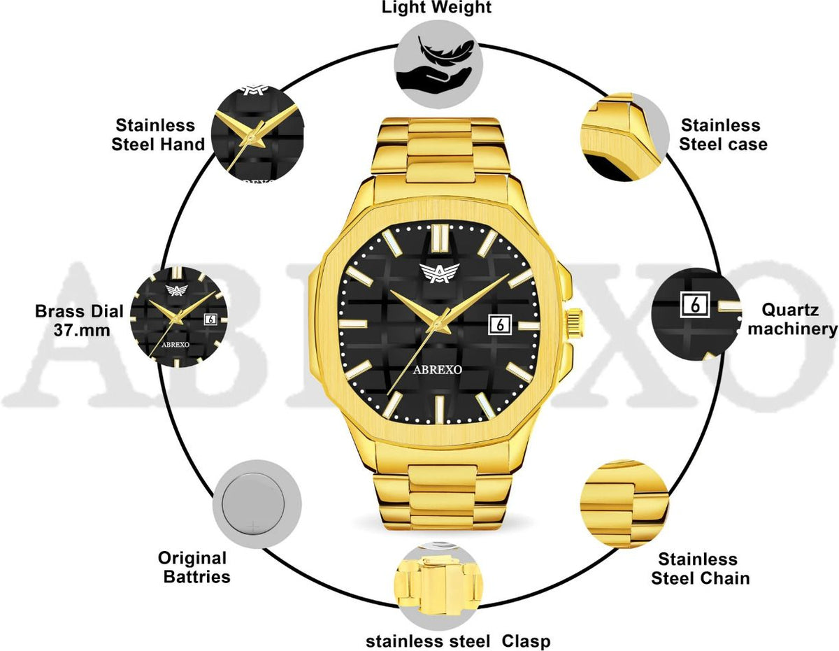 ABREXO Premium Black Dial Date Working Gold Stainless Steel Quartz Watch For Boys Analog Watch  - For Men Abx8213 BK GD Bracelet