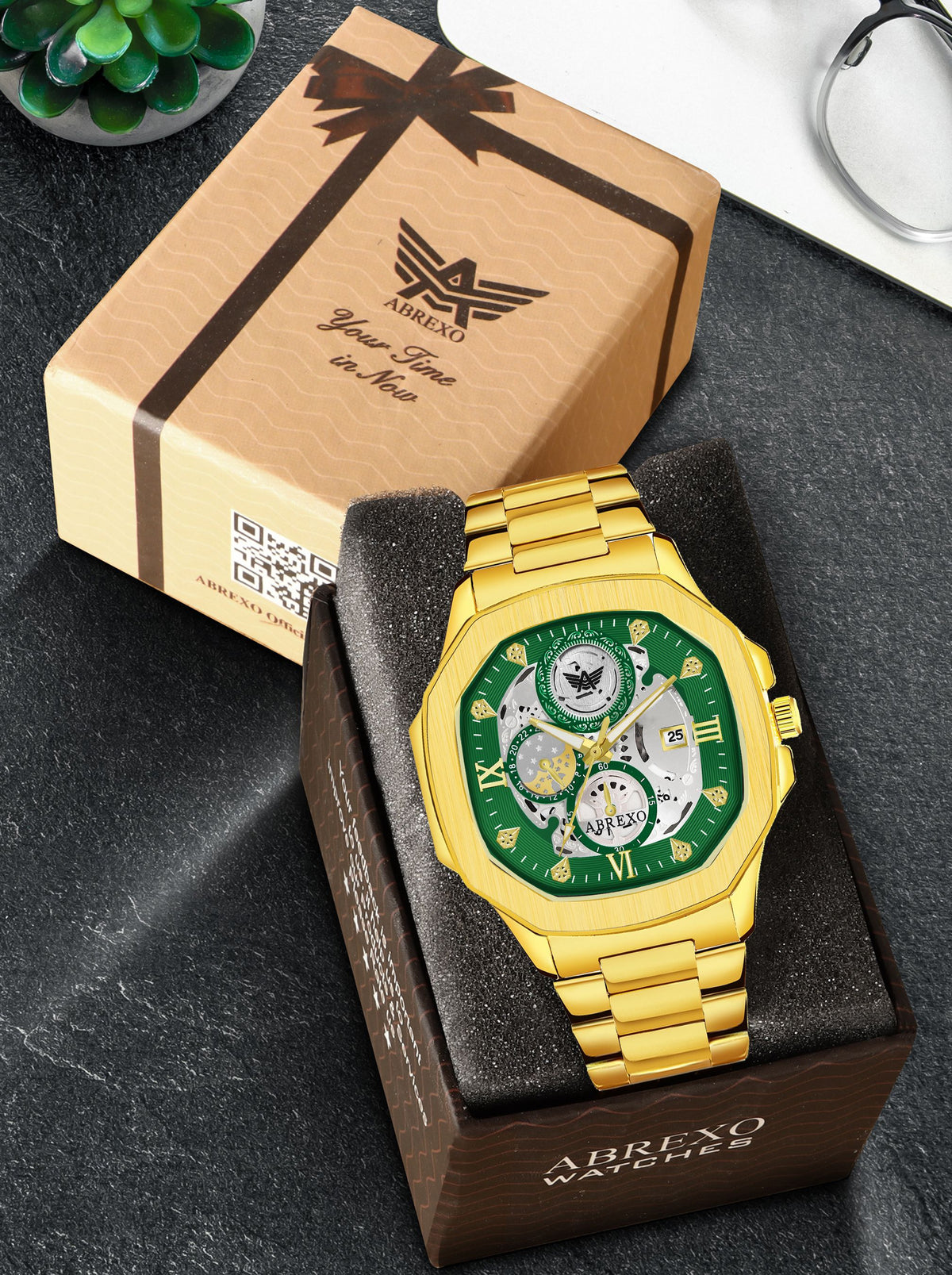 Abrexo Men Skeleton Dial & Stainless Steel Bracelet Style Straps Analogue Automatic Watch Abx8313 Green