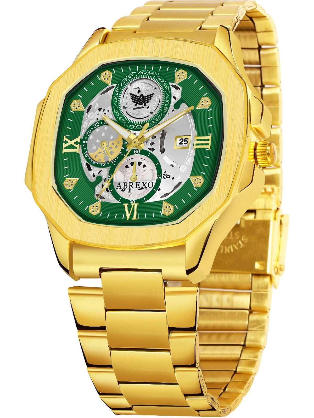 Abrexo Men Skeleton Dial & Stainless Steel Bracelet Style Straps Analogue Automatic Watch Abx8313 Green