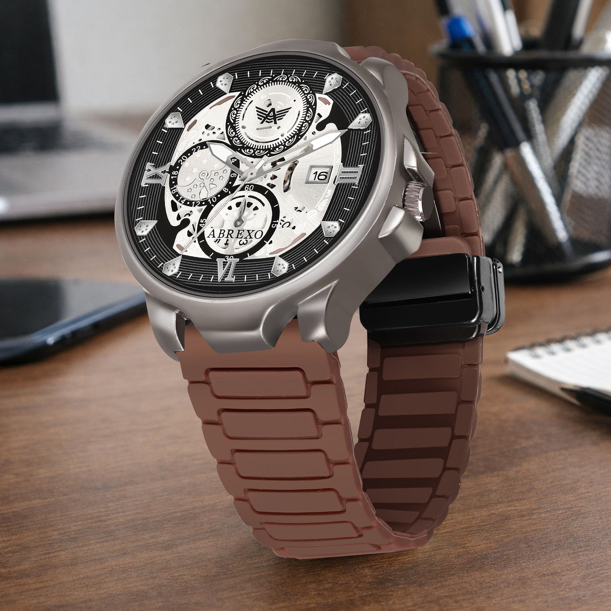 ABREXO Chronograph Look Gun Metal Date Working Brown Arabic Magnet Strap Watch For Boys Analog Watch  - For Men Ab8341-BK BR ARB MGT ST
