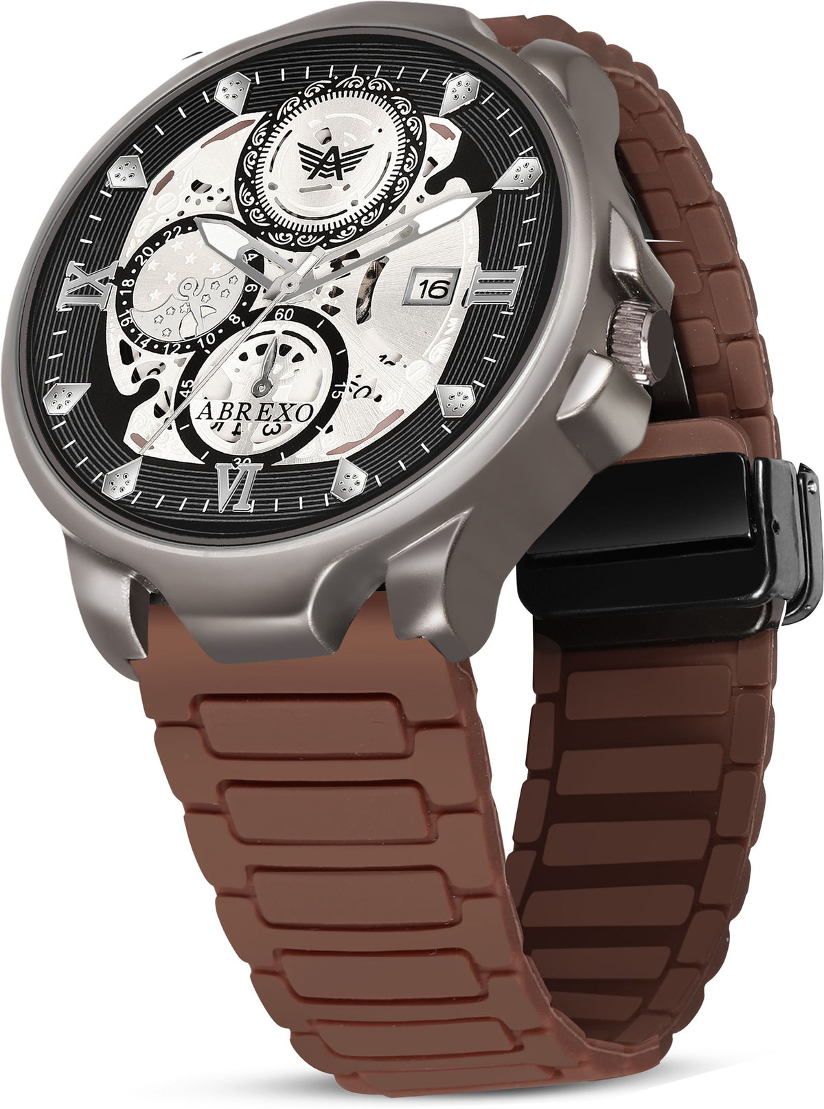 ABREXO Chronograph Look Gun Metal Date Working Brown Arabic Magnet Strap Watch For Boys Analog Watch  - For Men Ab8341-BK BR ARB MGT ST