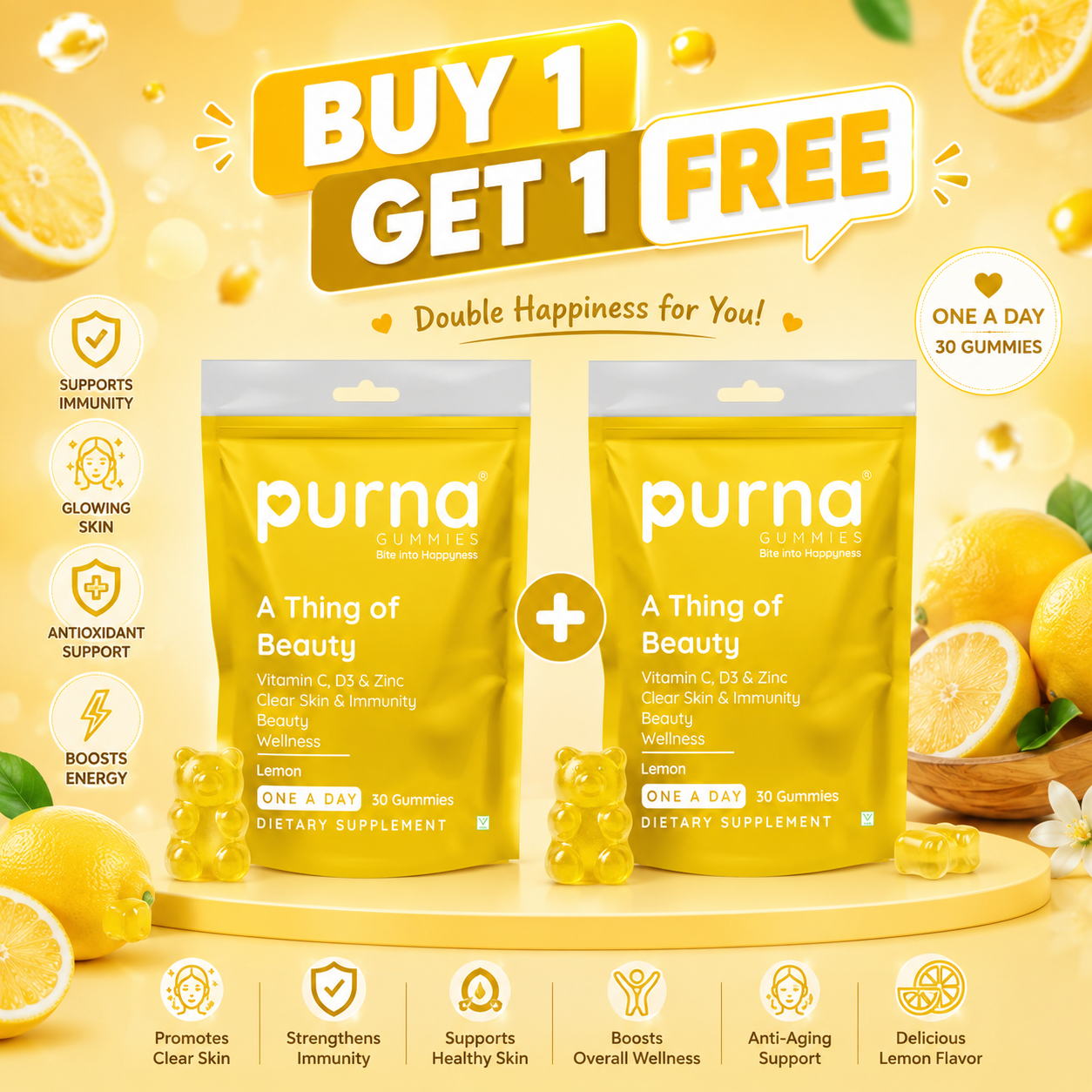 Buy 1 Get 1 Purna Vitamin C Gummies – Lemon Flavor | Vitamin C, D3 & Zinc for Skin & Immunity | 30 Vegan Gummies