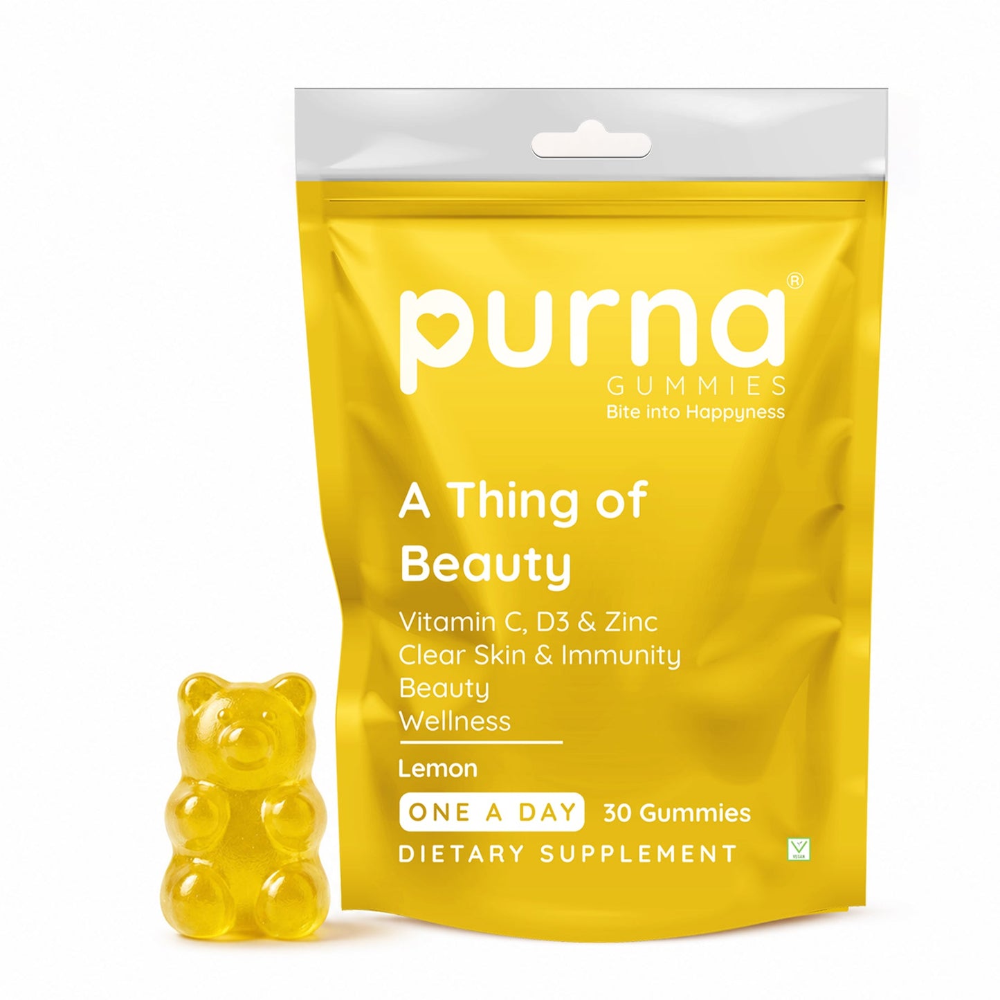 Buy 1 Get 1 Purna Vitamin C Gummies – Lemon Flavor | Vitamin C, D3 & Zinc for Skin & Immunity | 30 Vegan Gummies