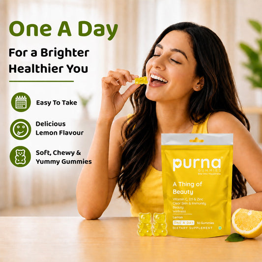 Buy 1 Get 1 Purna Vitamin C Gummies – Lemon Flavor | Vitamin C, D3 & Zinc for Skin & Immunity | 30 Vegan Gummies