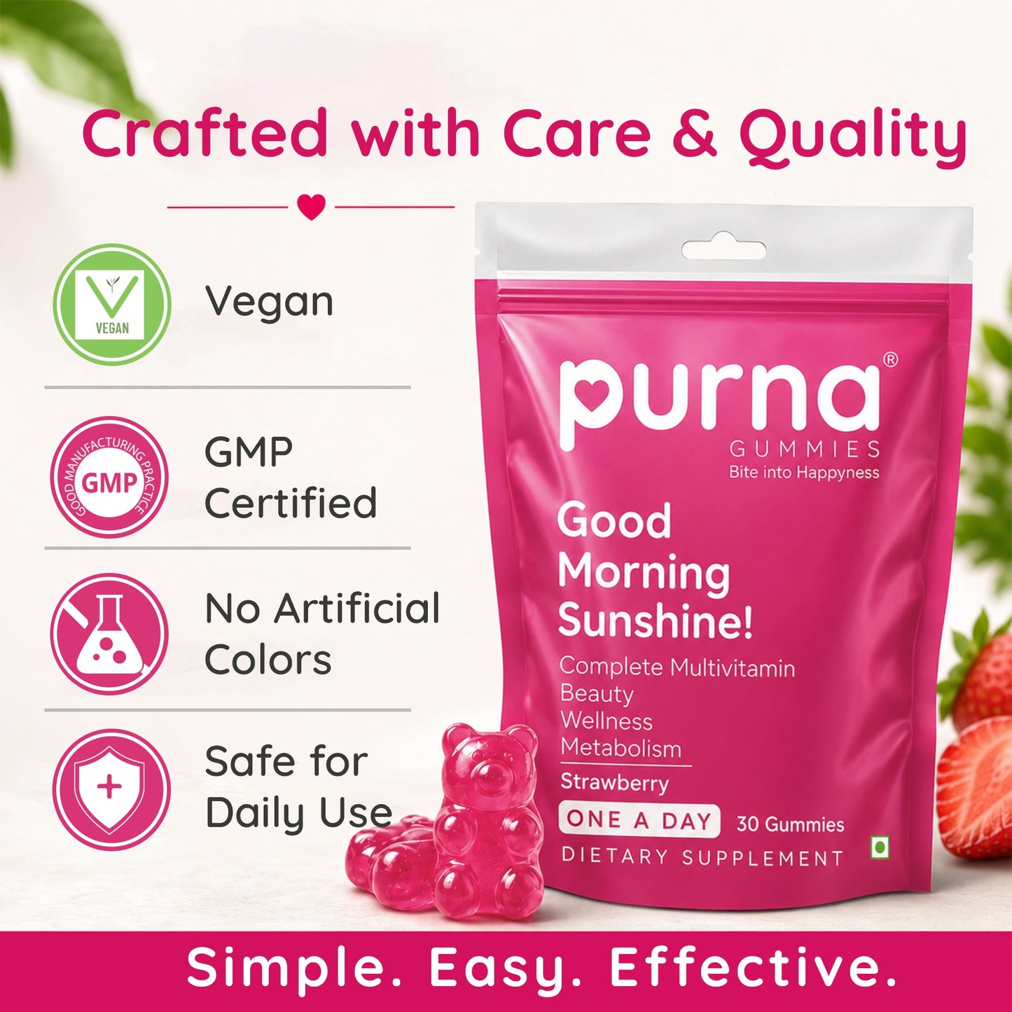 Buy 1 Get 1 Purna Multivitamin Gummies – Strawberry Flavor | Daily Wellness & Energy Support | 30 Vegan Gummies