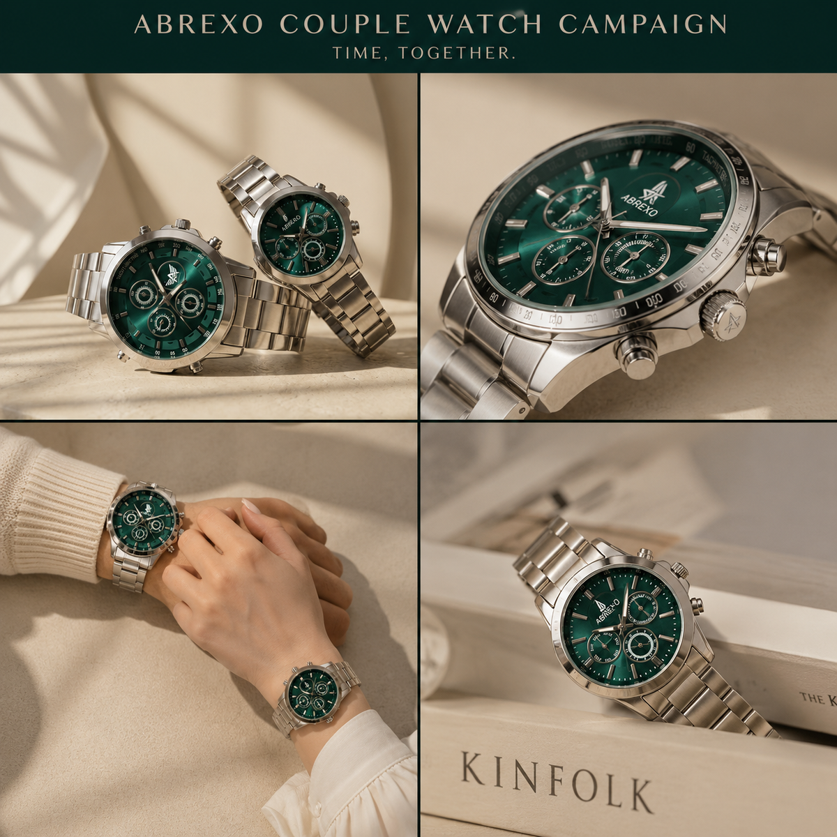 Abrexo Couple Watch Set – Emerald Green Dial & Stainless Steel Edition