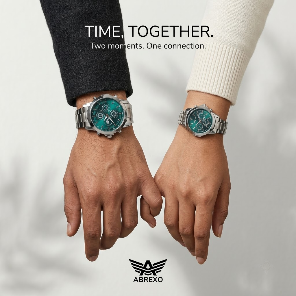 Abrexo Couple Watch Set – Emerald Green Dial & Stainless Steel Edition