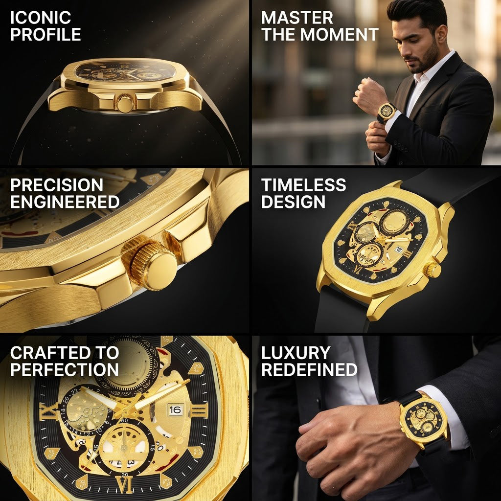 Quad Luxe Skeleton Golden Watch
