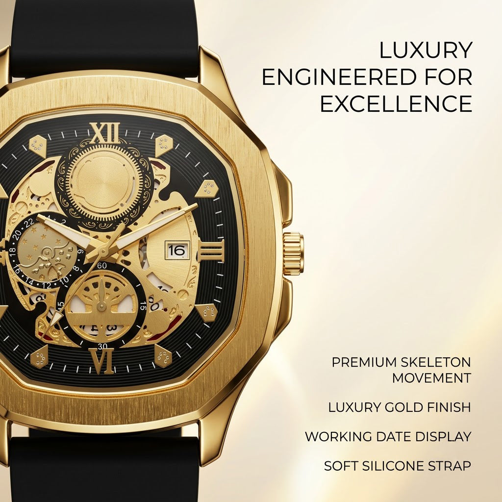 Quad Luxe Skeleton Golden Watch