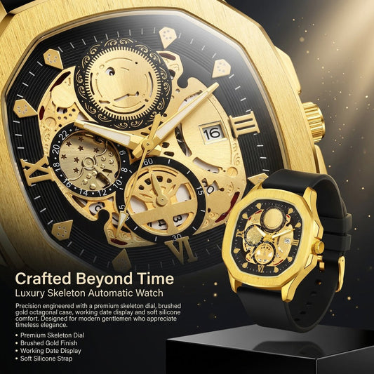 Quad Luxe Skeleton Golden Watch