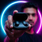 User showcasing CTRL8 A6S wireless earbuds in sleek black charging case with vibrant neon lighting