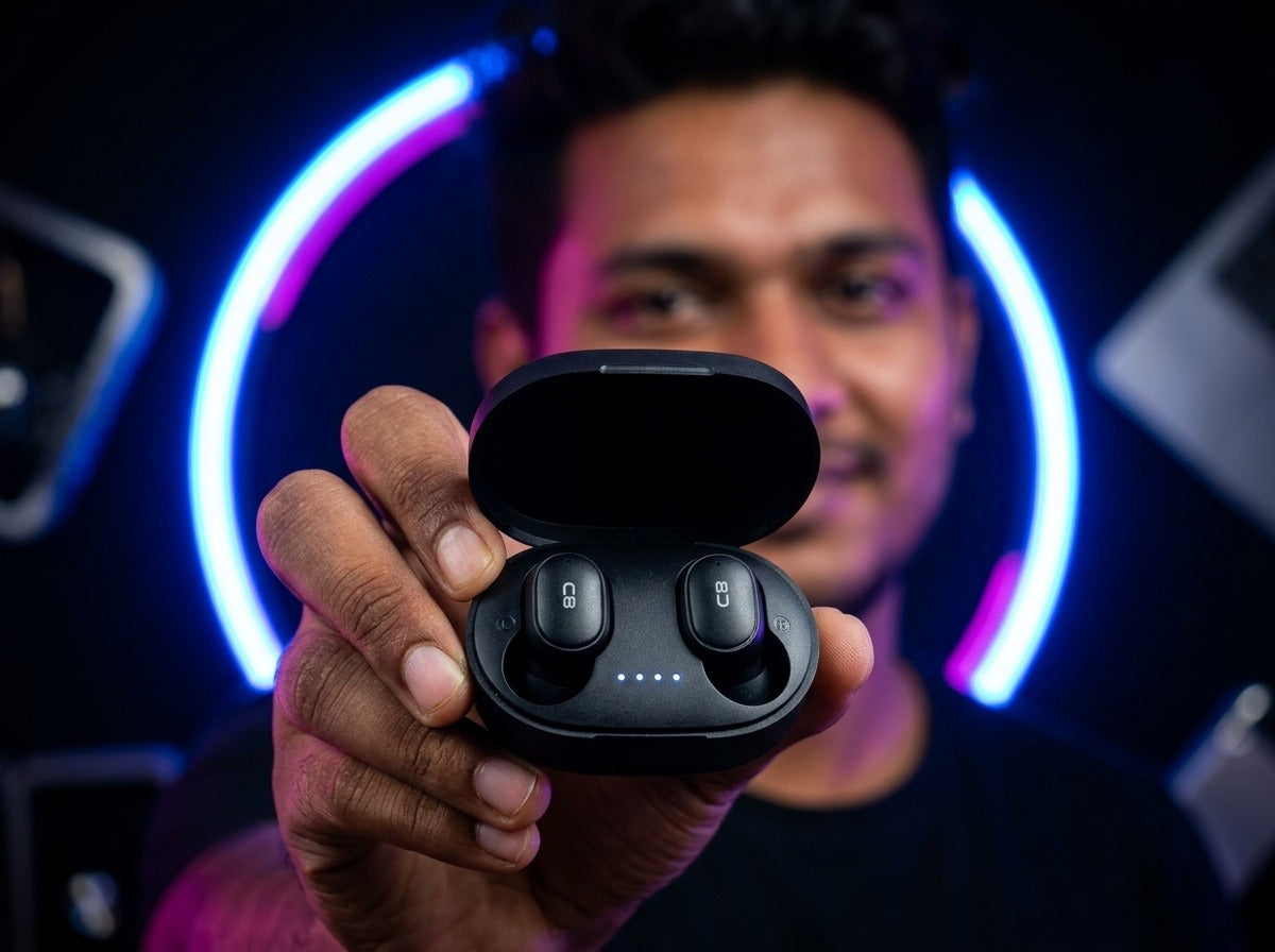 User holding CTRL8 A6S wireless earbuds in sleek black charging case with glowing neon backdrop