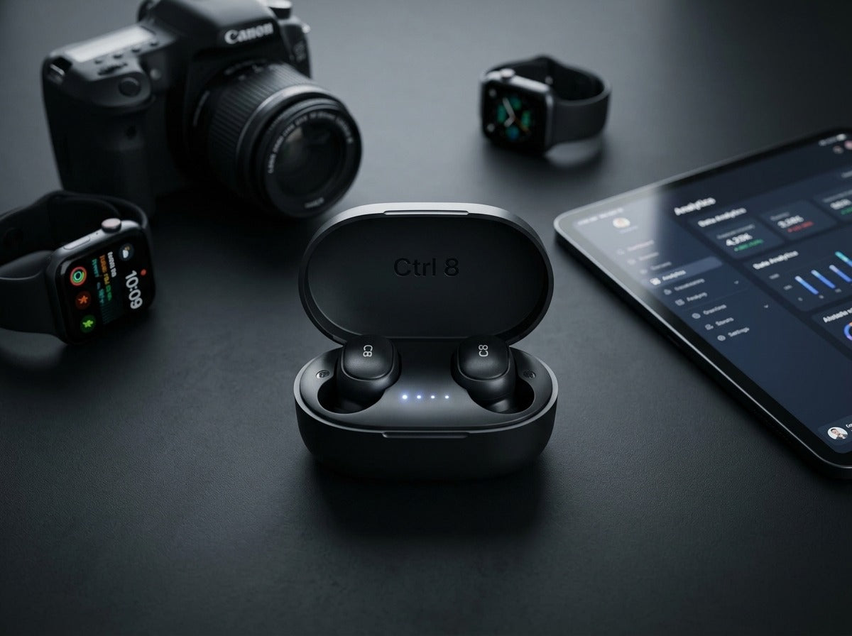 CTRL8 A6S wireless earbuds in sleek black charging case placed on a desk alongside smart devices and camera gear.