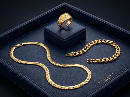 Men's luxury gold trio jewellery set with chain bracelet and ring