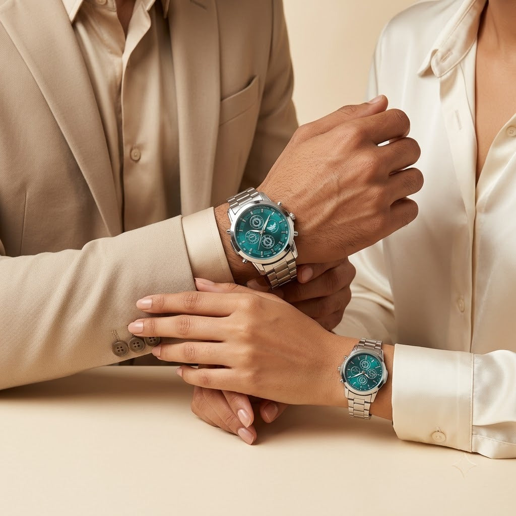 Abrexo Couple Watch Set – Emerald Green Dial & Stainless Steel Edition