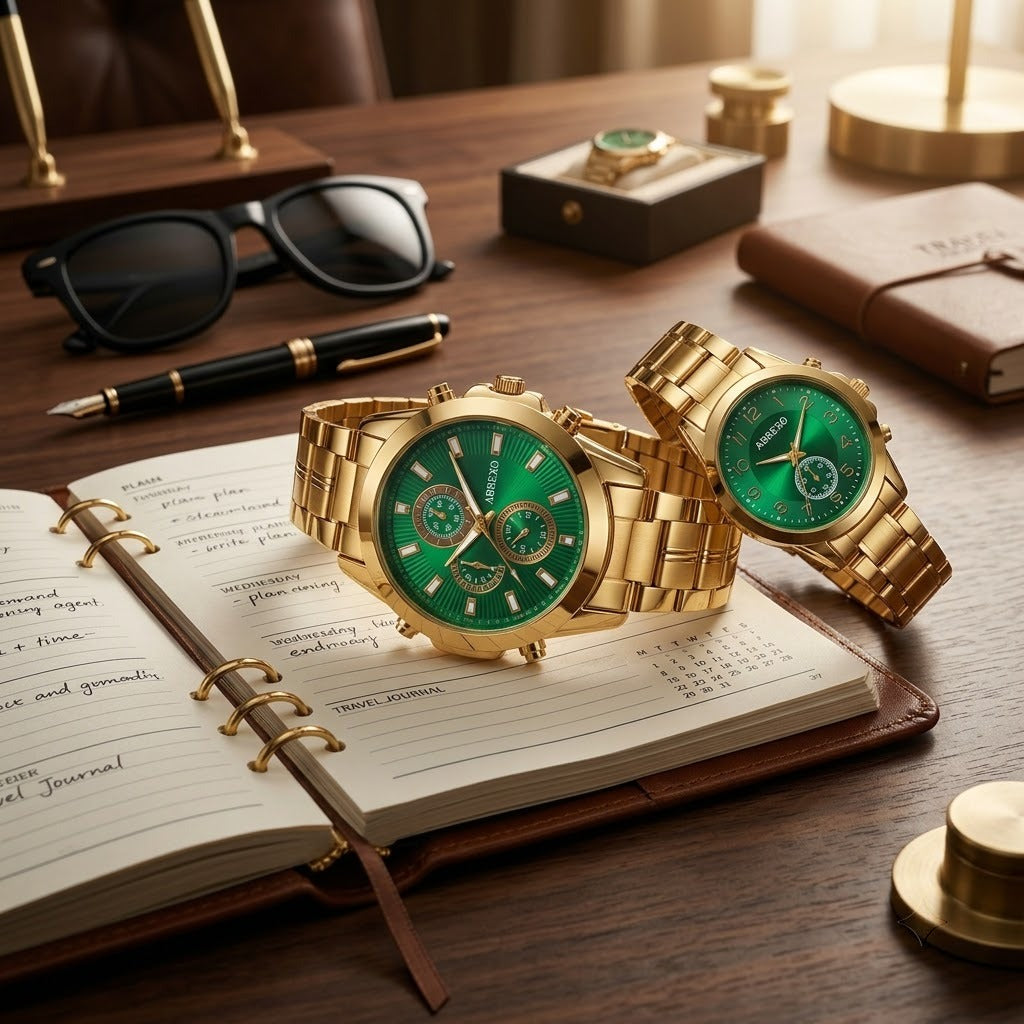 Luxury Green Dial Gold-Tone Stainless Steel Chrono Style Watch