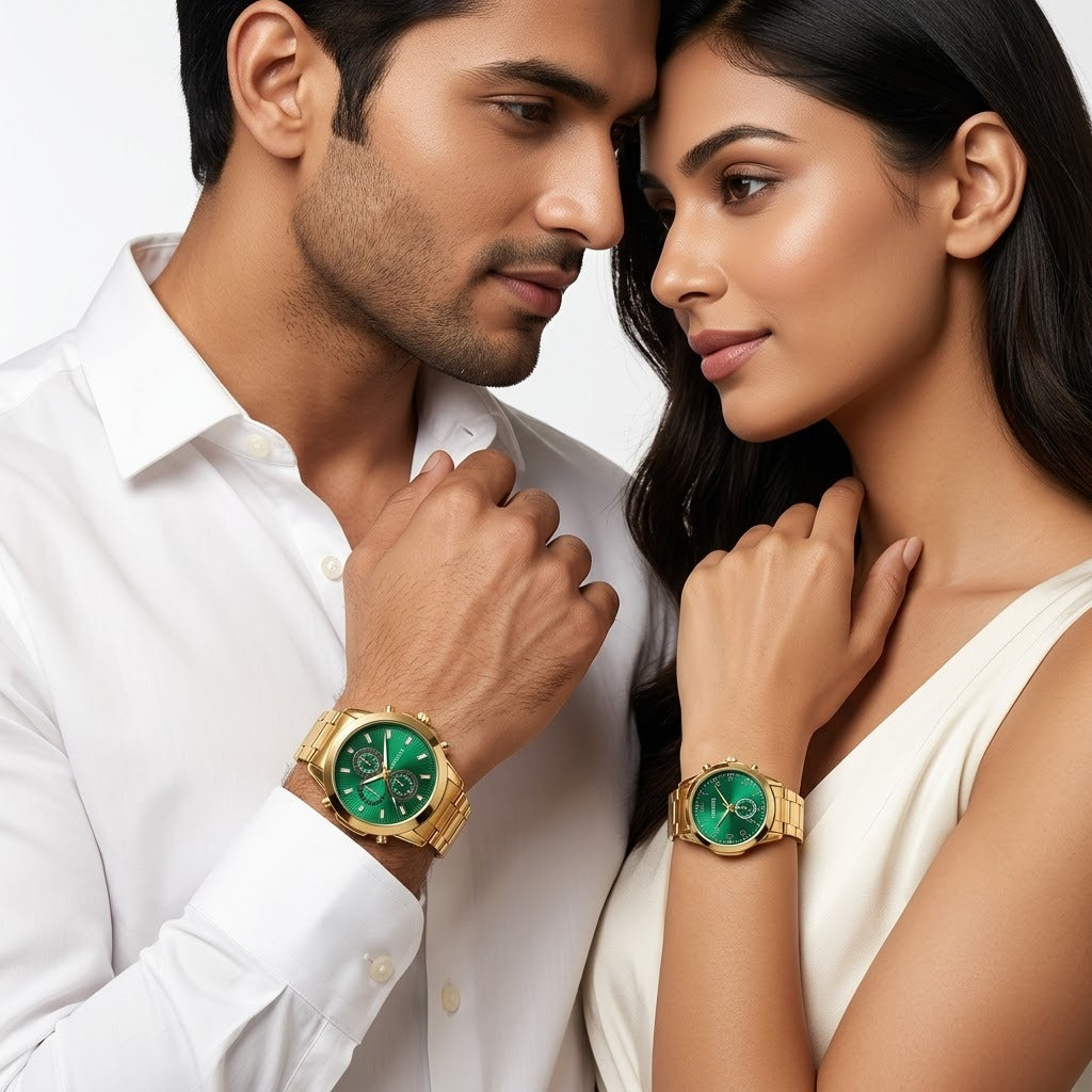 Luxury Green Dial Gold-Tone Stainless Steel Chrono Style Watch