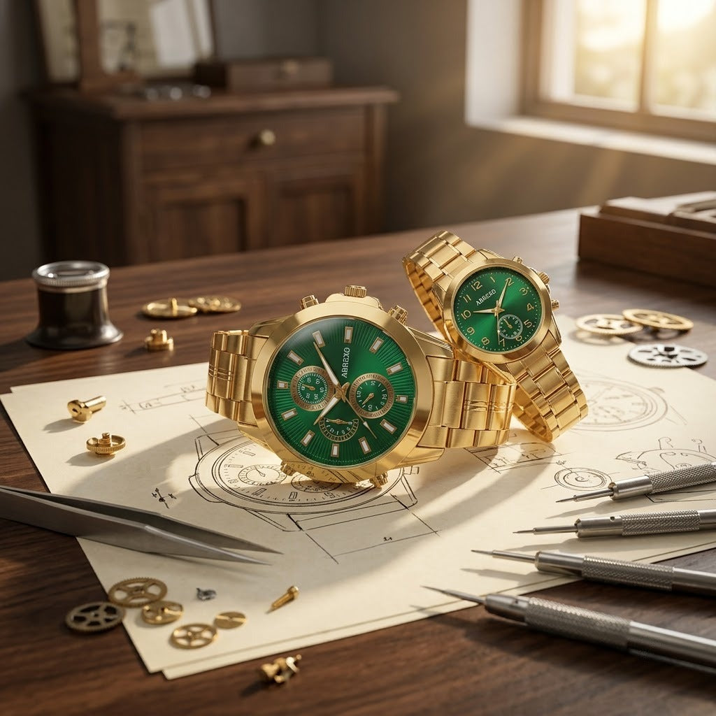 Luxury Green Dial Gold-Tone Stainless Steel Chrono Style Watch