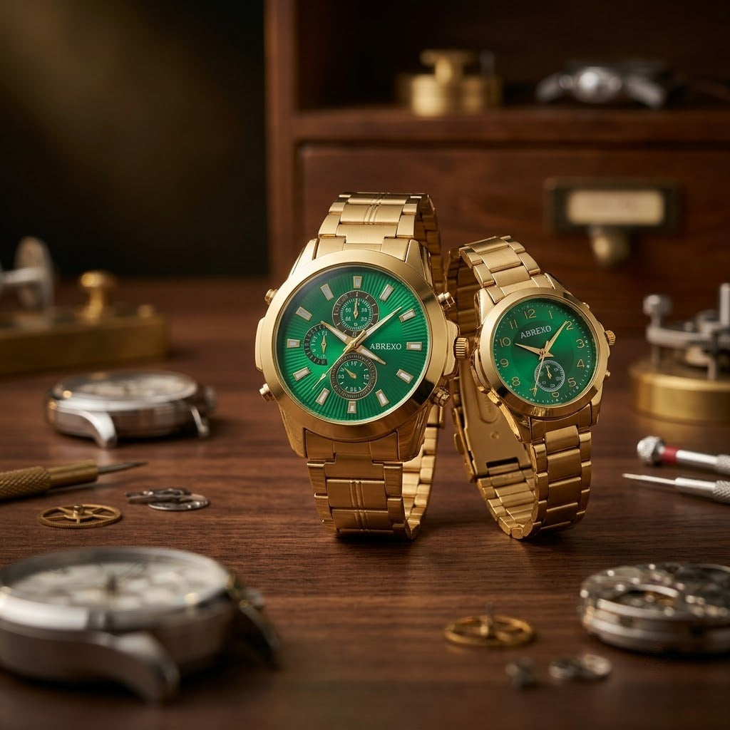 Luxury Green Dial Gold-Tone Stainless Steel Chrono Style Watch
