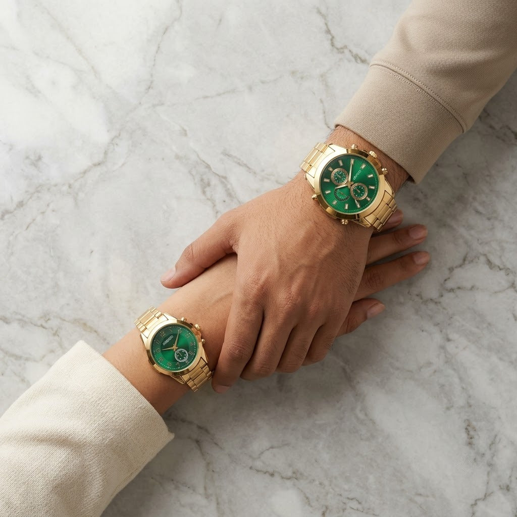 Luxury Green Dial Gold-Tone Stainless Steel Chrono Style Watch