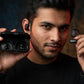 User showcasing CTRL8 X29 open-ear headphones with charging case for hands-free audio experience