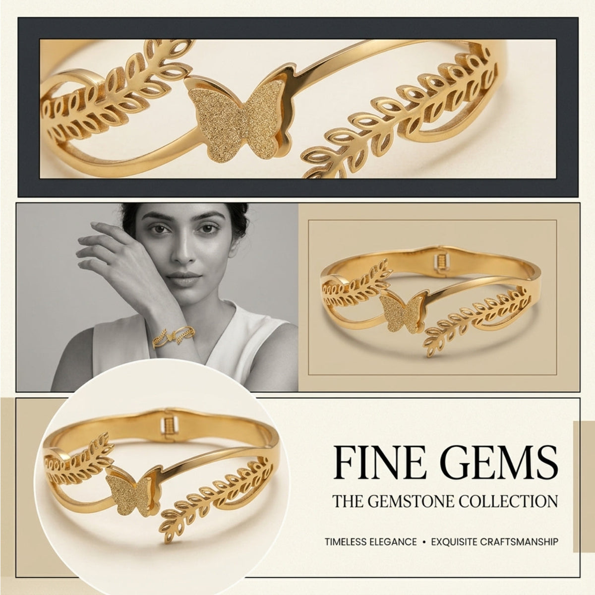 Butterfly Leaf Design Gold-Tone Cuff Bracelet