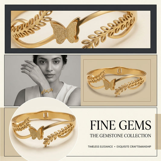 Butterfly Leaf Design Gold-Tone Cuff Bracelet