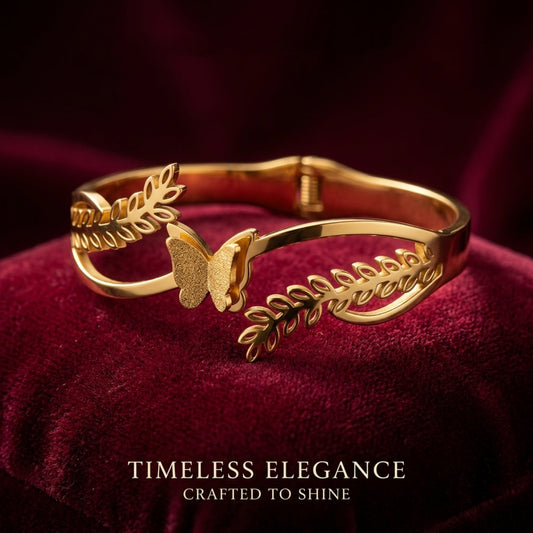 Butterfly Leaf Design Gold-Tone Cuff Bracelet