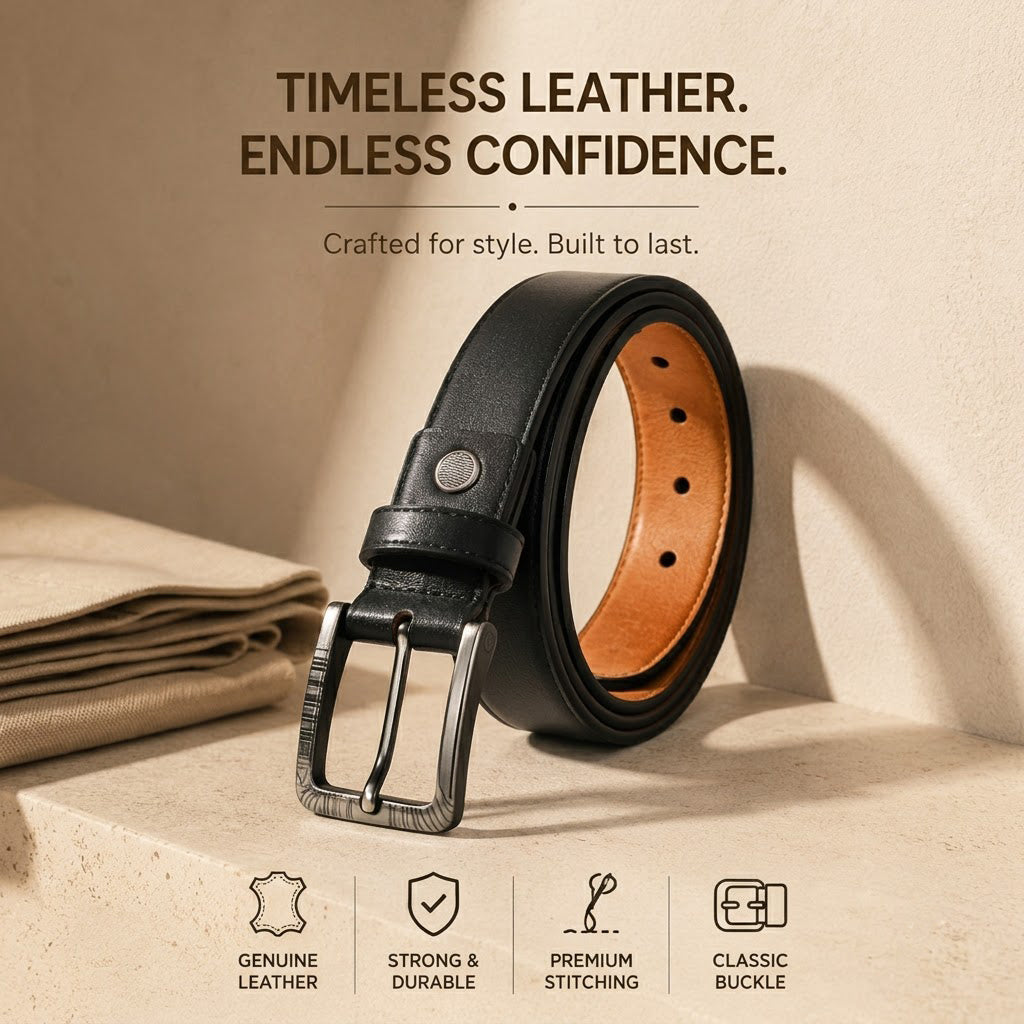 RoyalCraft Genuine Leather Belt – Classic Black Formal & Casual Belt for Men- MK